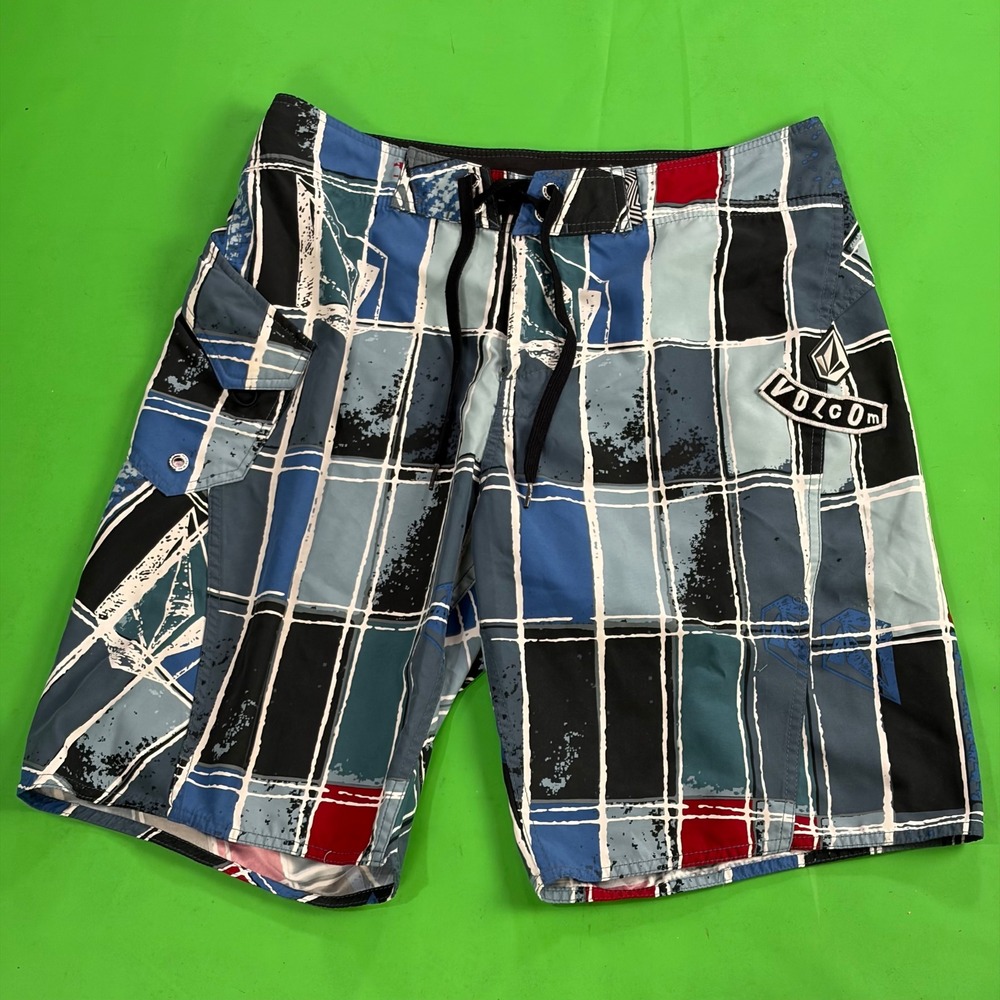 Volcom Boardshorts Mens 34 Blue Tiled Mod P5 Geometric AOP Cargo Swim Trunks EUC